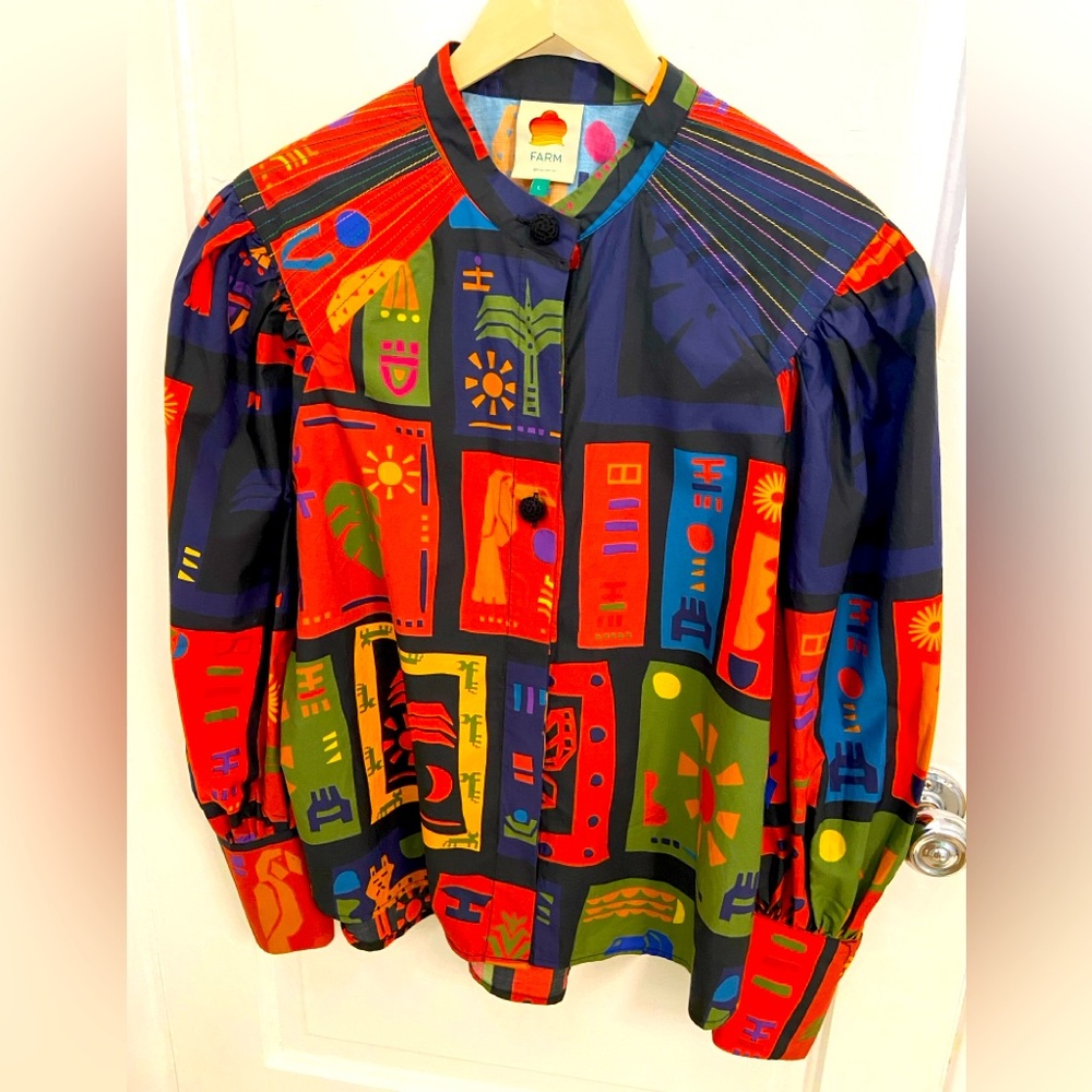 Farm Rio colorful print button up blouse puff sleeves large
